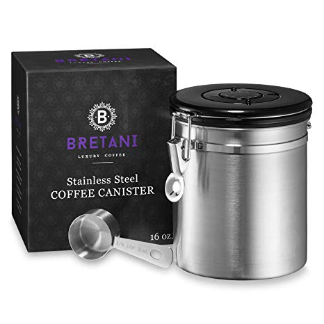 Bretani 16 oz. Stainless Steel Coffee Canister & Scoop Set - Medium Airtight Kitchen Storage Container for Storing Beans & Grounds - Silver