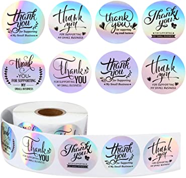 600 Thank You for Supporting My Small Business Stickers Thank You Label Stickers Holographic Silver Roll Adhesive Business Labels Rainbow Holo Stickers for Boutiques Shop Wrapping Supplies (1 Inch)