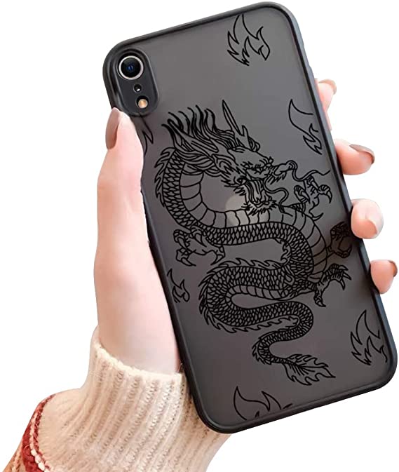 Ownest Compatible with iPhone XR Case for Clear Fashion Animal Dragon Cartoon Pattern Frosted PC Back 3D and Soft TPU Bumper Protective Silicone Shockproof Protective Case for iPhone XR-Black-H