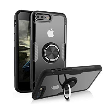 Phone Case Compatible iPhone 8 Plus / 7 Plus, Tempered Glass Back Cover Case with 360° Swivel Ring Kickstand Shock Absorption Anti-Scratch Cover Case, nfd14