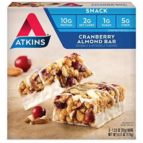 Atkins Snack Bars, Cranberry Almond, 10g Protein, 2g Net Carbs, 1g Sugar, 6.17-Ounce, 5 Count (Packaging May Vary)