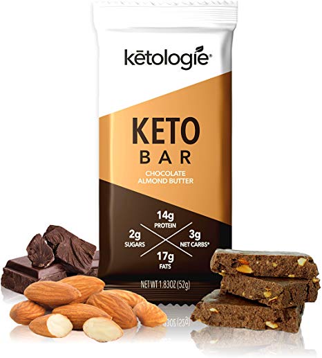 Ketologie Keto Bar (Chocolate Almond Butter) – Ketogenic Nutrition Bar, Low Carb High Fat, with Coconut Oil, Grass Fed Hydrolyzed Collagen Peptides Type I & III [12 Pack]