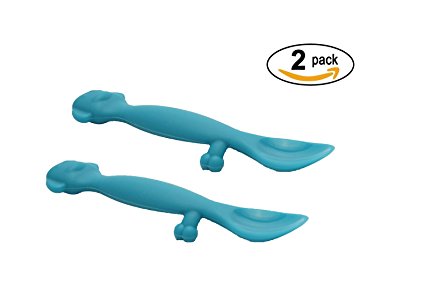 SALE [2 Pack] Food Grade Silicone Baby Kid Infant Spoons with Legs to stand so food doesn’t touch surface, fun dog shape, made from FDA FOOD-GRADE SILICONE BPA FREE by Bambini Bear - Blue