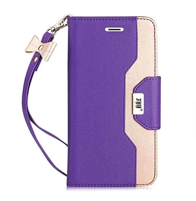 FYY Leather Case with Mirror for iPhone 6S Plus/iPhone 6 Plus, Leather Wallet Flip Folio Case with Mirror and Wrist Strap for iPhone 6S Plus/6 Plus Purple