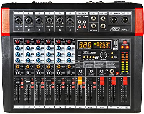 Audio2000'S AMX7372 Six-Channel Audio Mixer with 320 DSP Sound Effects, Stereo Sub Out with Sub-Out Level-Control Fader, Level-Control Faders on All Channels, and USB/Computer Interface