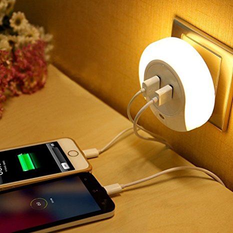 LED Night Light, MOSPRO LED Light-Controlled Night Light with Light Sensor and Dual USB Charger, Soft Light