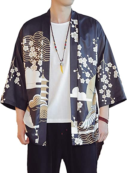 PRIJOUHE Men's Lightweight Kimono Jacket Seven Sleeve Open Front Cardigan Coat Japanese Style Bathrobe