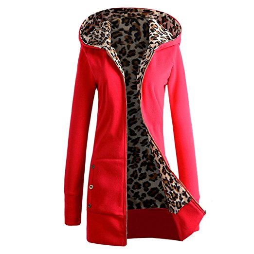 E.JAN1ST Women's Hoodie Coat Slim Fit Full Lined Leopard Pattern Zip Up Jacket