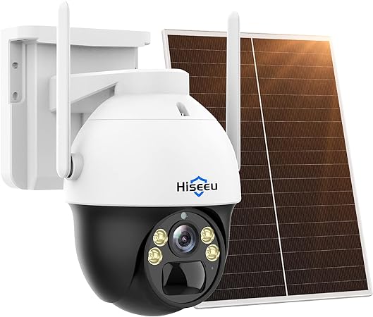 Hiseeu Solar Security Camera, 4MP Wireless Surveillance Camera, 2.4G WiFi 360° View, PTZ, PIR Detection, 2-Way Audio, Color Night Vision