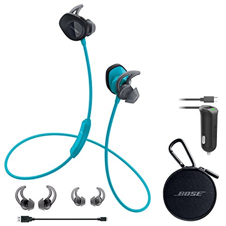 Bose SoundSport Wireless Headphones - Aqua & Car Charger - Bundle