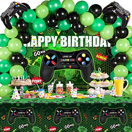 Tatuo Video Game Birthday Party Decorations Set Gaming Happy Birthday Supplies Includes Video Game Backdrop, Table Covers, Multi-Color Balloons and Foil Gamer Balloons for Birthday Party (Green and Black)