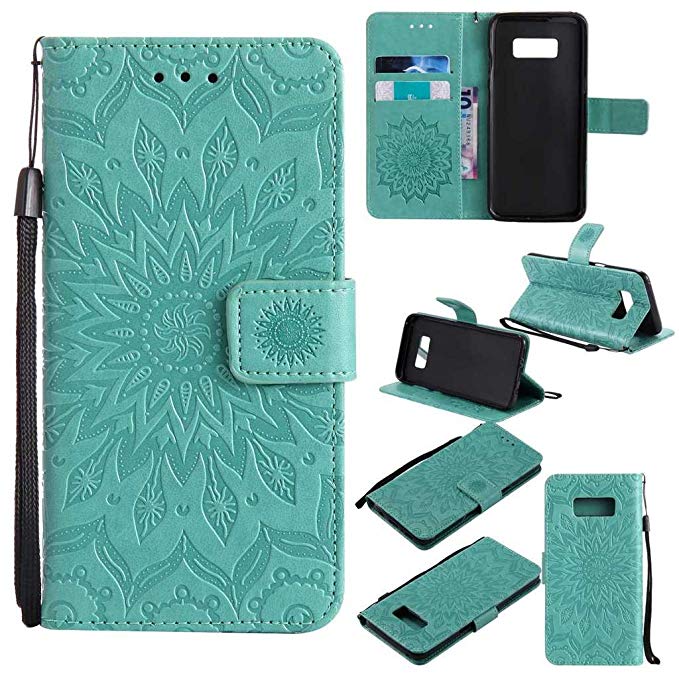 KKEIKO Galaxy S8 Case, Galaxy S8 Flip Leather Case [with Free Tempered Glass Screen Protector], Shockproof Bumper Cover and Premium Wallet Case for Samsung Galaxy S8 (Flower)