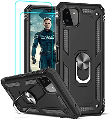 LeYi for Samsung Galaxy A22 5G Case and 2 Tempered Glass Screen Protector,Ring Holder Military Grade Protective Silicone Tough Shockproof Armor Hard Mobile Phone Cover for Samsung Galaxy A22 5G Black