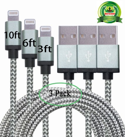 Abloom 3Pack 3ft 6ft 10ft Nylon Braided Popular Lightning Cable 8Pin to USB Charging Cable Cord with Aluminum Heads for iPhone 6/6s/6 Plus/6s Plus/5/5c/5s/SE,iPad iPod Nano iPod Touch(Gray)
