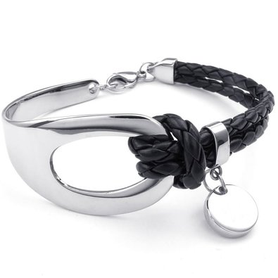 KONOV Womens Leather Stainless Steel Bracelet Braided Bangle Black Silver