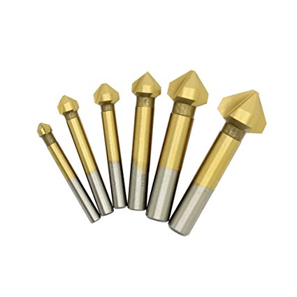 In-tool-home 90 Degree 3 Flute Titanium HSS Chamfering Tool End Mill Cutter Countersink Drill Bits Set of 6