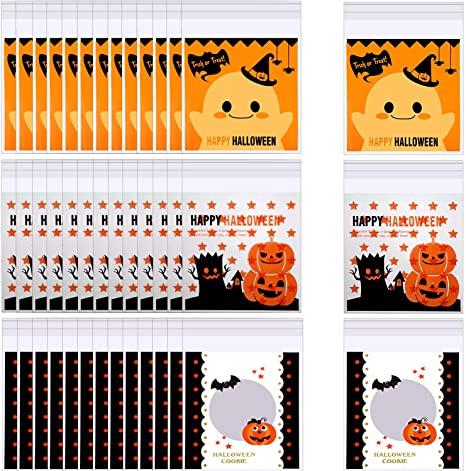 Mudder 300 Pieces Halloween Candy Bags Self Adhesive Treat Bag Plastic Clear Candy Cookie Bags for Halloween Party Gift Supplies，3 Styles