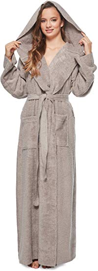 Arus Womens Princess Robe Ankle Long Hooded Silky Light Turkish Cotton Bathrobe