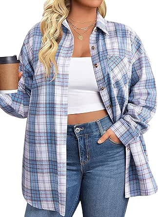 IN'VOLAND Womens Plus Size Flannel Plaid Shirts Roll Up Long Sleeve Casual Collared Button Down Shirt Loose Blouse Top