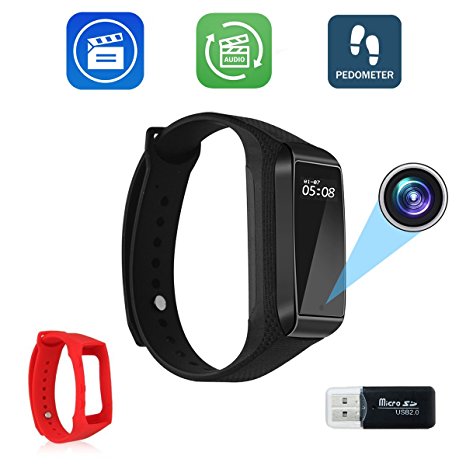 Bysameyee Smart Bracelet Video Recording Camera, HD 1080P Mini DVR Cam with Steps Tracking – Black Adjustable Wristband