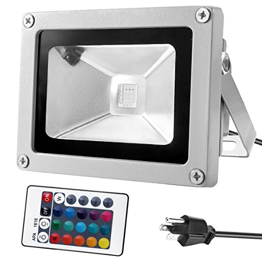 Warmoon Outdoor LED Flood Light, 10W RGB Color Changing Waterproof Security Wall Lights with US 3-Plug & Remote Control for Garden,Scenic Spot,Hotel
