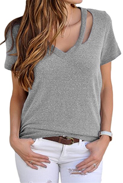 Dokotoo Womens Casual Summer Short Sleeve V Neck Basic T-Shirt Tops