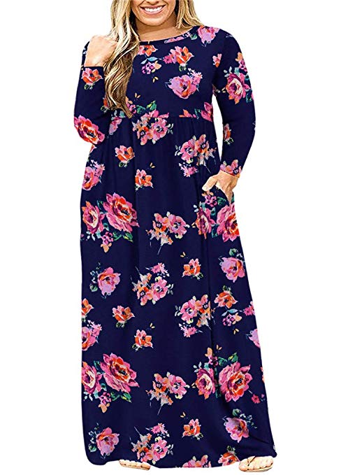 BISHUIGE Womens L-4XL Long Sleeve Casual Plus Size Maxi Dresses with Pockets