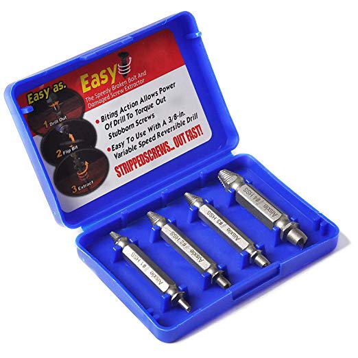 Damaged Screw Extractor and Remove Set by Aisxle,Easily Remove Stripped or Damaged Screws. Made From H.S.S. 4341#, the Hardness Is 62-63hrc,Set of 4 Stripped Screw Removers (HSS)