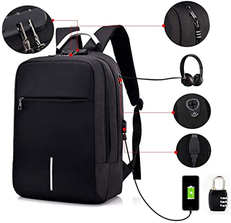 Backpack with Laptop Compartment Travel USB Charging Port Anti Theft Combination Lock Water-Resistant College School Computer Bag for Women & Men 15.6" (Black)