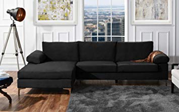 DIVANO ROMA FURNITURE Modern Large Velvet Fabric Sectional Sofa, L-Shape Couch with Extra Wide Chaise Lounge (Black)