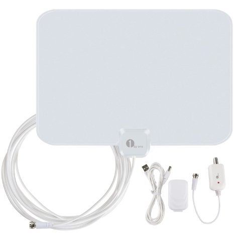 1byone OUS00-0562 Amplified HDTV Antenna 50 Miles Range with USB Power Supply and 20 Feet Coaxial Cable - WhiteBlack