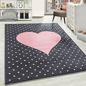 Carpetsale24 Kinderteppich liebevolles Herzmuster Pink - Grau 80 x 150 cm Läufer - Kurzflor Teppich Kinderzimmer für Junge und Mädchen Pflegeleicht Weich - Waschbar Spielteppich Babyzimmer Babyteppich