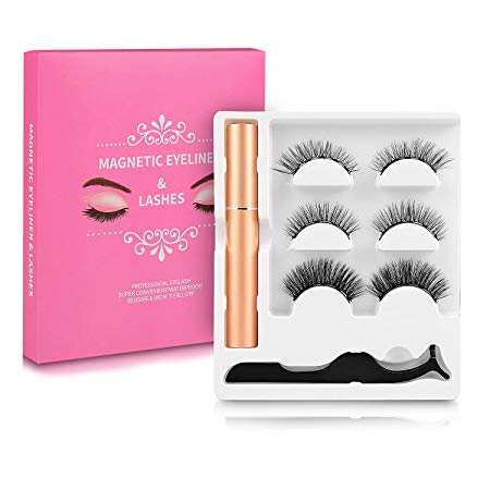 Kupton Magnetic Eyelashes with Magnetic Eyeliner, 3 Pairs Magnetic Eyelashes and Magnetic Eyeliner Kit with No Glue Reusable Eyelashes for Natural Look Charming Eyes