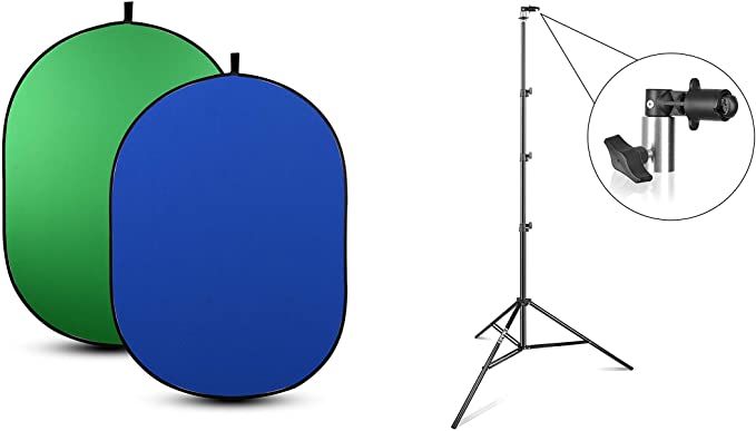EMART 5 x 6.5ft Photo Video Studio 2-in-1 Collapsible Background Panel with 8.5ft Photography Light Stand and Reflector Disc Holder Clip (Green/Blue)