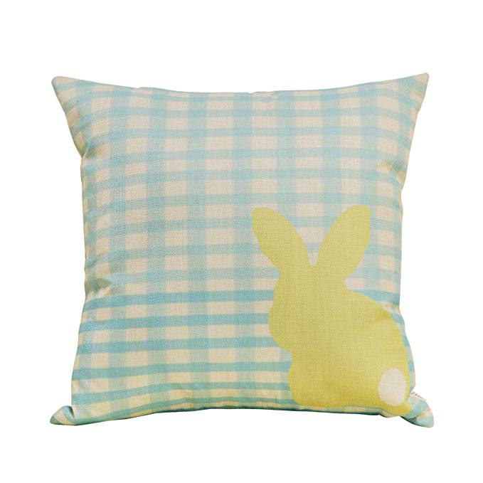 Fjfz Cotton Linen Home Decorative Throw Pillow Case Cushion Cover for Sofa Couch Yellow Easter Bunny, Blue Scottish Plaid, 18" x 18"