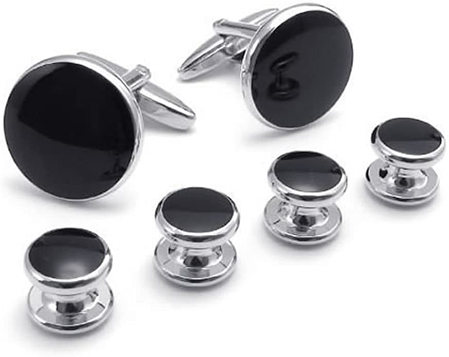 KONOV Men's Classic Round Tuxedo 2pcs Cufflinks and 4pcs Studs Set, Color Black Silver