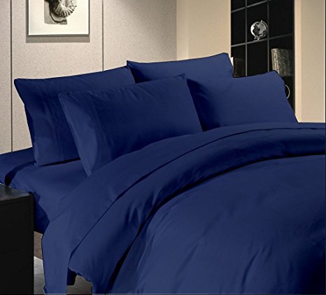 US Comfort Zone 900-Thread-Count 100 % Egyptian Cotton Queen 4 Piece Sheet Set 18" Deep Pocket, Solid Navy Blue