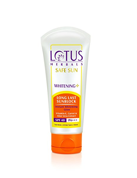 Lotus Herbals Safe Sun Whitening with Long Last Sunblock SPF 40, Instant Whitening Glow, 100g