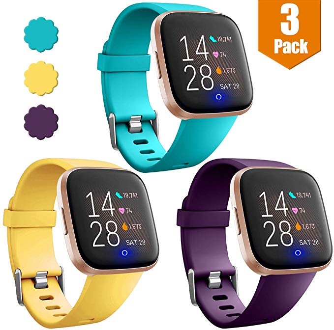 Maledan Replacement Bands for Fitbit Versa/Versa 2/Versa Lite Edition/Versa Special Edition, Waterproof Accessories Sport Band for Fitbit Versa Smart Watch Women Men, 3-Pack, Large Small