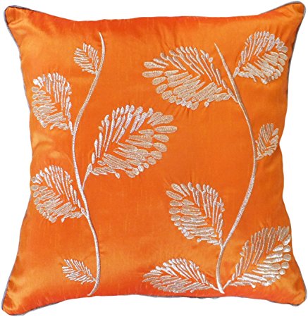 Decorative Silver Leaves Embroidery with Piping Floral Throw Pillow COVER 18" Orange