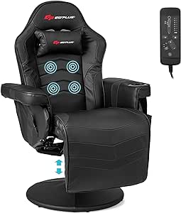 Goplus Gaming Chair, Height Adjustable Massage Video Game Chair with Retractable Footrest, Cup Holder, Headrest, Swivel Office Chair, Racing Style Swivel Gamer Chair (Black)