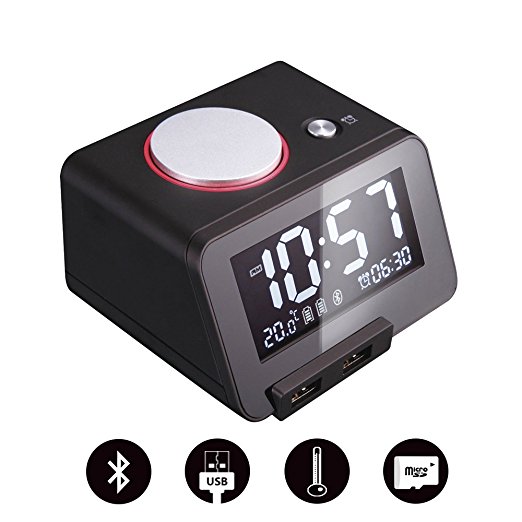 Homtime C1pro Alarm Clock with Bluetooth Speaker, Dual USB Charger for Smartphone, 3 Level Dimmable, Black