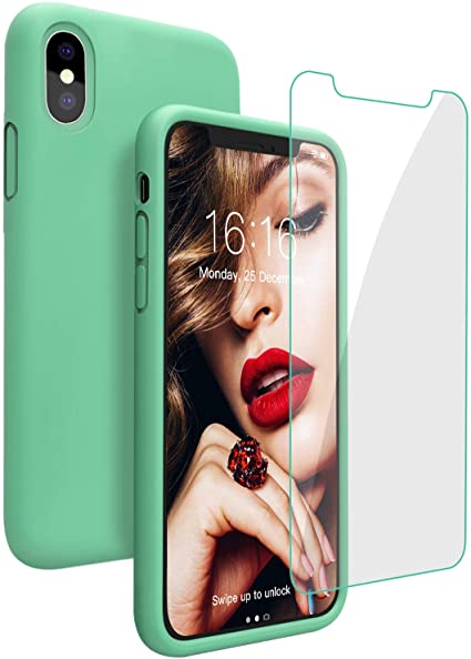 Silicone Case for iPhone X/iPhone Xs Case, JASBON Liquid Silicone Case with Free Screen Protector Gel Rubber Shockproof Cover Full Protective Case for iPhone Xs/X -Mint Green