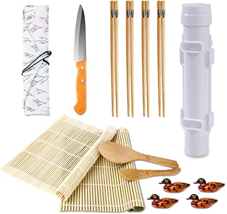 Complete Sushi Making Kit, Bamboo Sushi Mat, All In One Sushi Bazooka Maker With Bamboo Chopsticks, Paddle, Spreader, Sushi Knife, Chopsticks Holder, Cotton Bag, DIY Sushi Roller Machine
