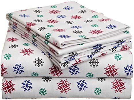 Pointehaven Heavy Weight Printed Flannel Sheet Set, Queen, Snow Flakes Multi Color