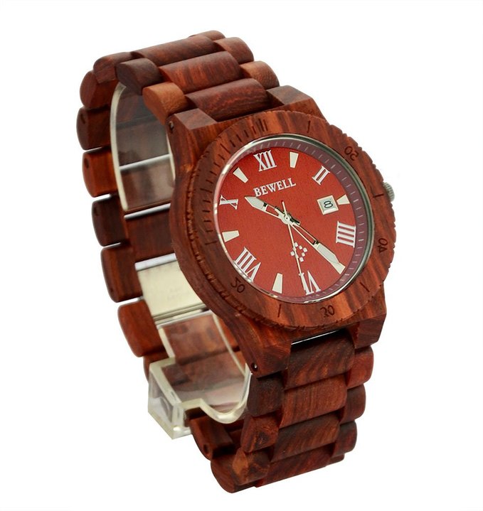 Men's Red Wood Watches Quartz Retro Antique Wood Wristwatch with Date Function Unique Gift