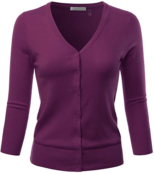 EIMIN Women's 3/4 Sleeve V-Neck Button Down Stretch Knit Cardigan Sweater (S-3X)
