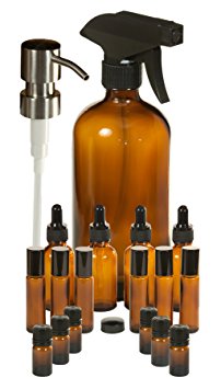 ESSENTIAL OILS COMPLETE DIY KIT Includes 16 oz Glass Amber Bottle with Poly Cap, Spray Nozzle & Stainless Steel Hand Pump, 6 - 5ml Euro Bottles, 6 - 10ml Roller Bottles & 4 - 30ml Dropper Bottles