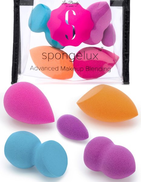 Lux Beauty -Blender Makeup Sponges - Apply Foundation Like A Pro - Use Less Foundation - Achieve Better Results - 5 Non-Latex Real Blenders for Advanced Techniques   Micro Egg and Silver Makeup Bag