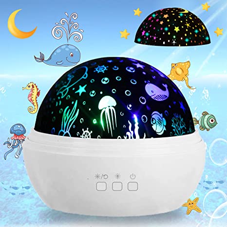 Ocean Star Night Light Projector Lamp, Sea Animals Sky Projector for Baby Nursery Kids Children’s Bedroom, Romantic Christmas Gift Projection Light (White)